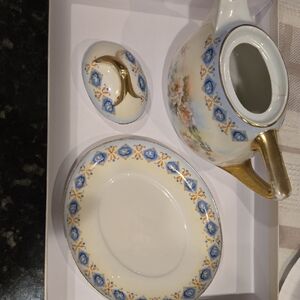 Vintage Porcelain Creamer and Saucer Set - Blue Floral with Gold Trim